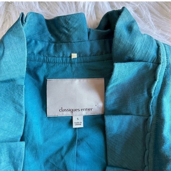 Classiques Entier Jacket Top Teal Blue Cotton Silk Blend Belted 3/4 Sleeve Small - Picture 5 of 7